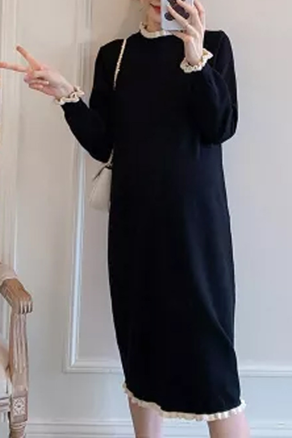 Autumn Black Knitted Maternity Long Dress Elegant Slim Korean Fashion Pregnancy Dress