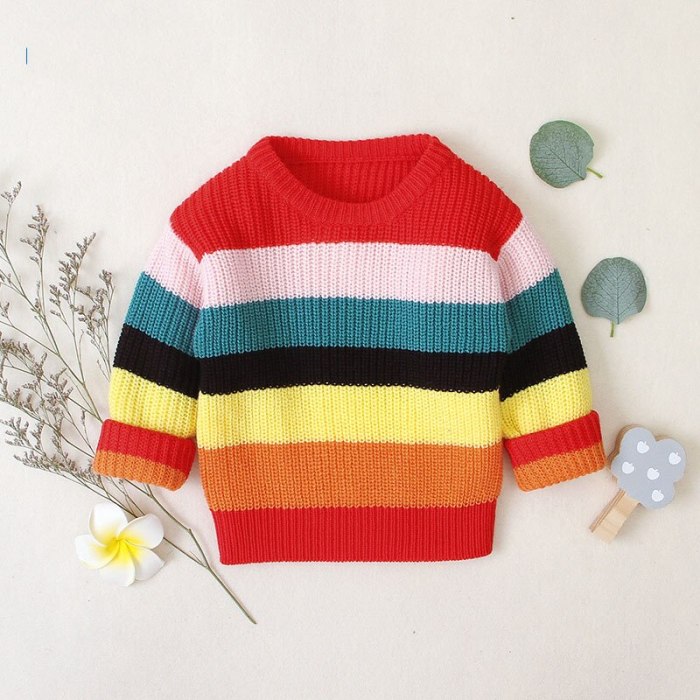 2020 Autumn Winter New Girls Long-sleeved Knitting Rainbow Striped Sweater Little Girls Round Neck Pullover Jackets