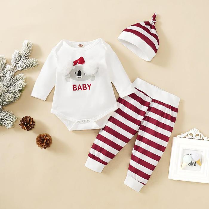 Fashion Christmas New Baby Girl Clothes  Long Sleeve Romper+ Pants + Hat 3 Pieces Set Kids Clothes For Newborns