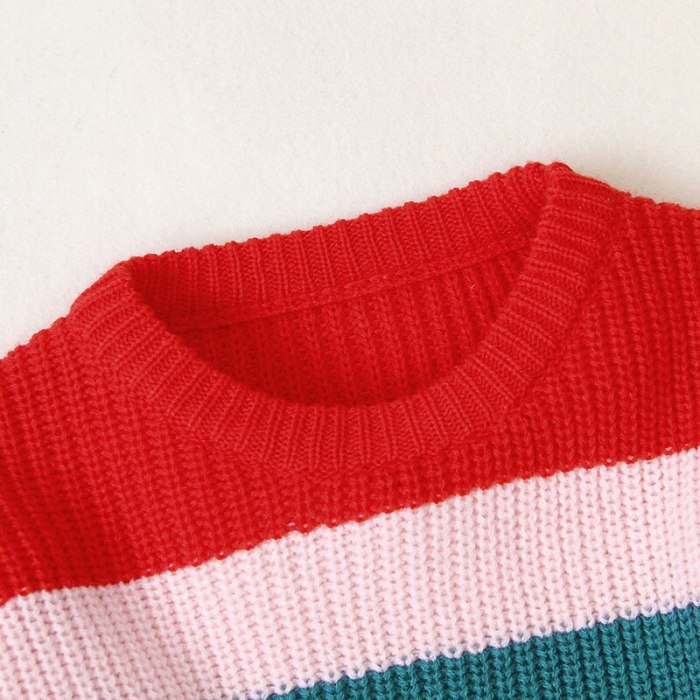 2020 Autumn Winter New Girls Long-sleeved Knitting Rainbow Striped Sweater Little Girls Round Neck Pullover Jackets