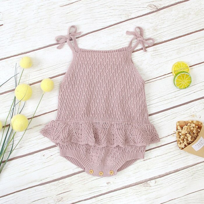 2020 New Baby Girls Clothing Knitted  Romper Cotton Solid  Children Girls Clothes Sling Ruffled Cute Romper