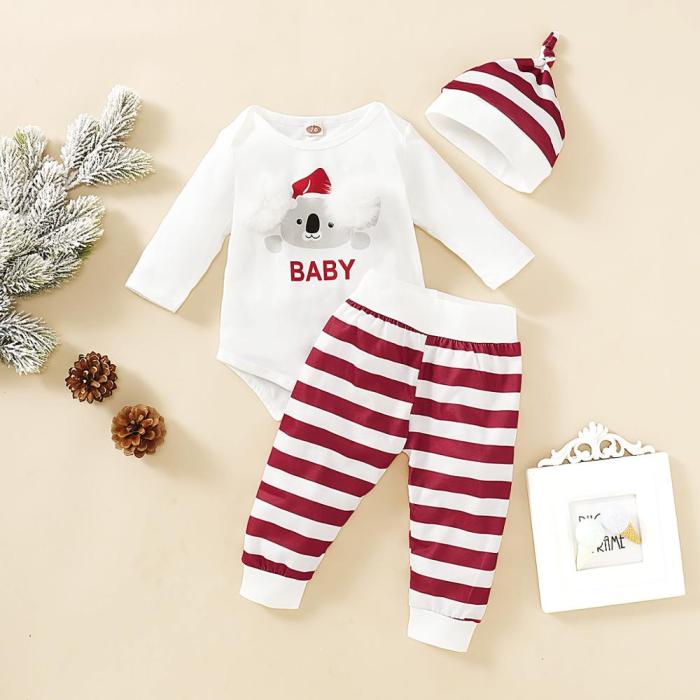 Fashion Christmas New Baby Girl Clothes  Long Sleeve Romper+ Pants + Hat 3 Pieces Set Kids Clothes For Newborns