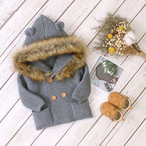 Children's Clothing 2020 Autumn New Boys Hooded Fur Collar Knitted Jacket Baby Girl Long-sleeved Casual Jacket