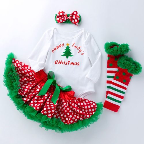 2020 Winter New Baby Girls Letter Christmas Tree Long-sleeved Romper Tube Socks Headwear Four-piece