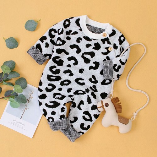 2020 Autumn New Baby Knitting Jumpsuit Children's Long-sleeved Leopard Printing Romper Kids Outing Casual Romper
