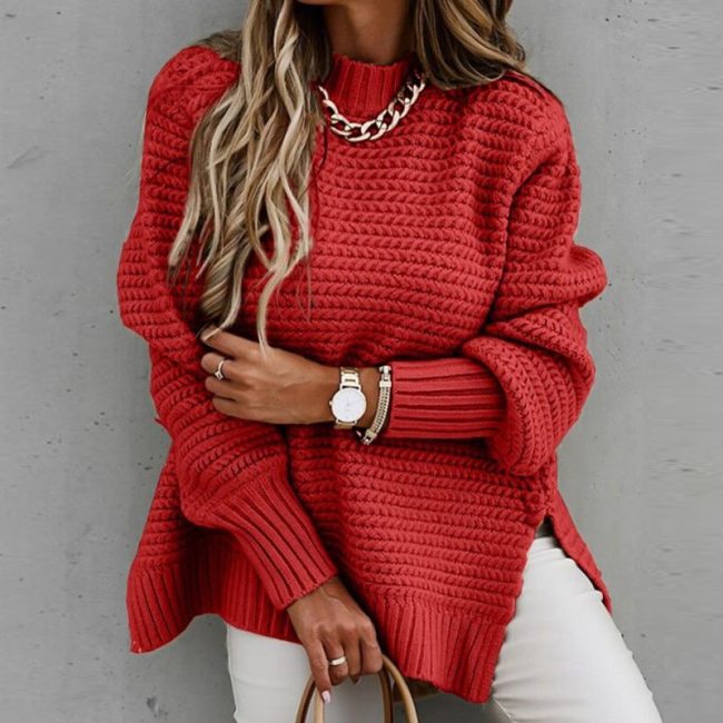 Women Solid Ribbed Knit Sweater Fashion Elegant O Neck Lantern Long Sleeve Pullover Tops Ladies Winter Casual Loose Slit Jumper