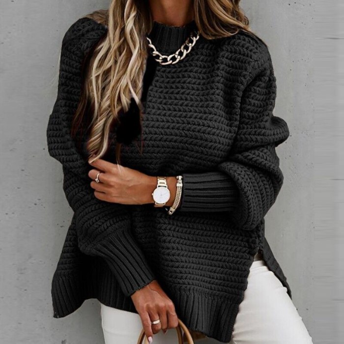 Women Solid Ribbed Knit Sweater Fashion Elegant O Neck Lantern Long Sleeve Pullover Tops Ladies Winter Casual Loose Slit Jumper