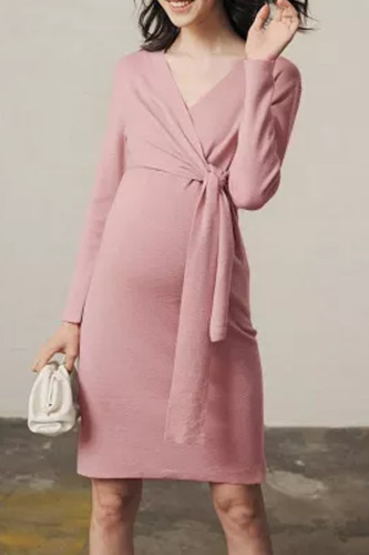 Autumn pink maternity dress party dress for pregnant women V-neck knit robe plus size belt