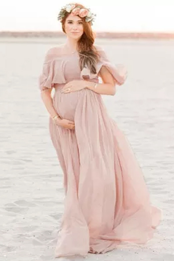 Women Maternity Dress Pleated Shoulder Short Sleeve Dress Photo Photography Dress Long Skirt Pink