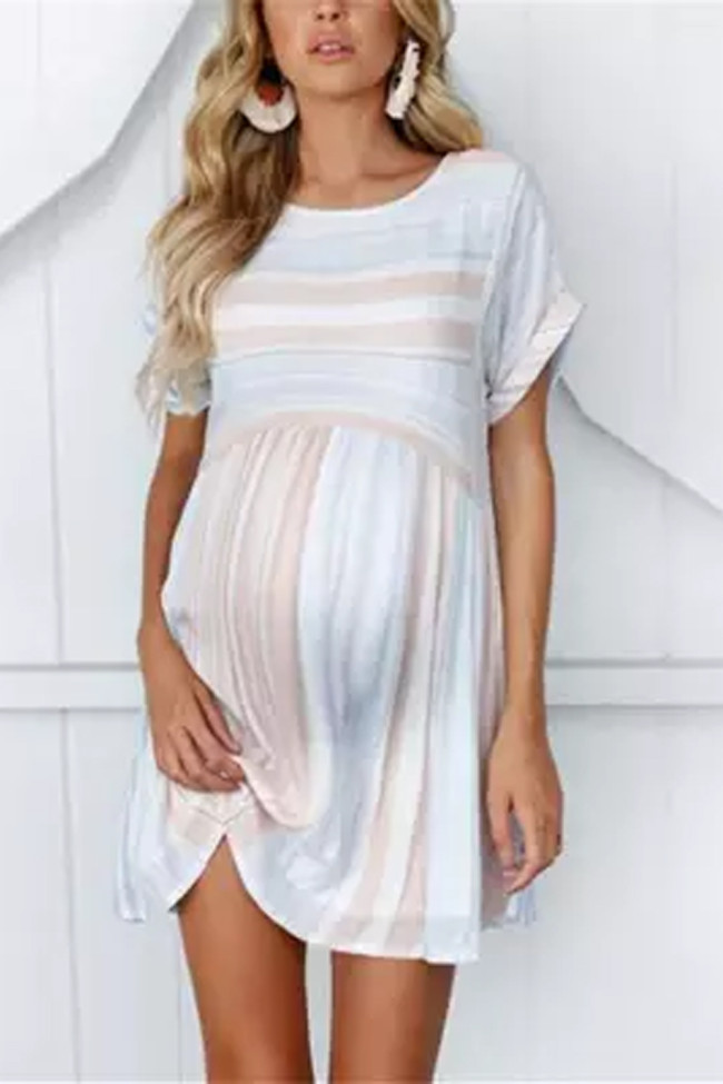 Maternity New Striped Short Sleeve Round Neck Dress