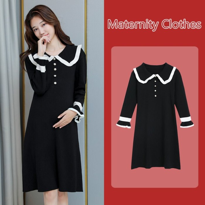 Autumn Winter Black Knitted Maternity Sweaters Dress Elegant Bottoming Dress Clothes for Pregnant Women