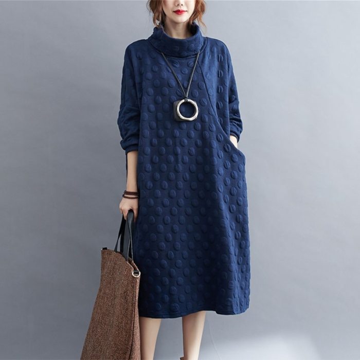 Cotton Dresses New Simple Style Turtleneck Solid Color Loose Ladies Knee-length Dress