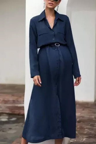 Maternity Solid Color Button Lapels Long Sleeve Dress