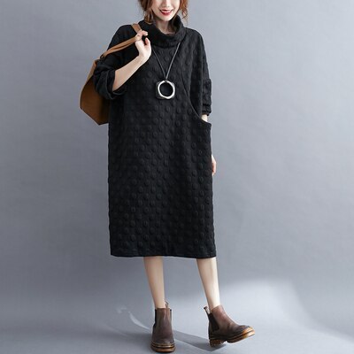 Cotton Dresses New Simple Style Turtleneck Solid Color Loose Ladies Knee-length Dress