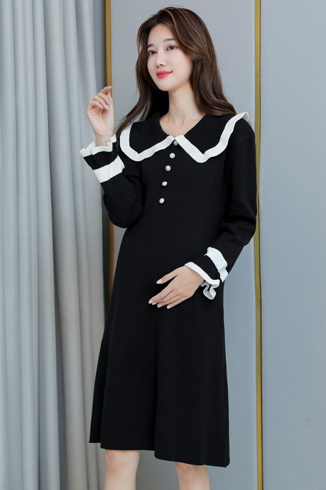Autumn Winter Black Knitted Maternity Sweaters Dress Elegant Bottoming Dress Clothes for Pregnant Women