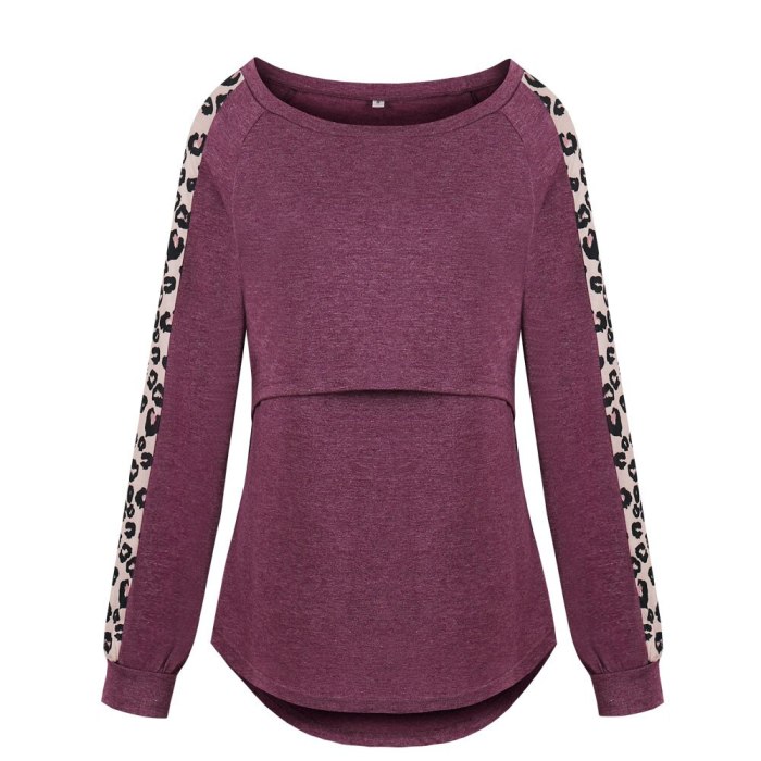 Autumn and Winter Leopard Splicing Long-Sleeved Maternity Dress round Neck Pregnant Fashion Long-Sleeved Nursing Wear