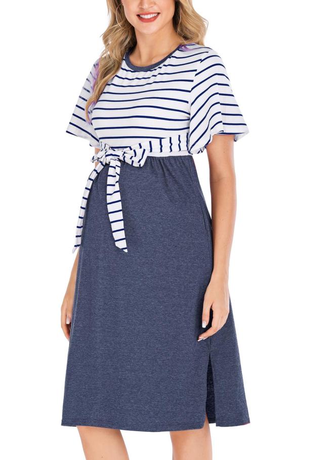 Women’s Summer Casual Striped Maternity Dress Short Sleeve Knee Length Pregnancy Dresses Clothes Pleated Baby Shower Dress
