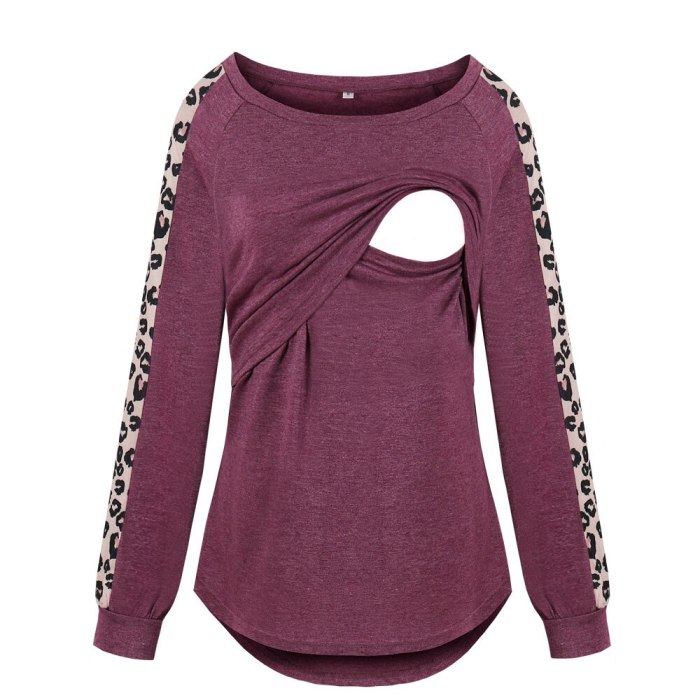 Autumn and Winter Leopard Splicing Long-Sleeved Maternity Dress round Neck Pregnant Fashion Long-Sleeved Nursing Wear