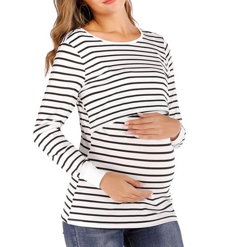 Pregnant Women Autumn New  Classic Striped Long Sleeve Nursing Wear Confinement Fashion Simple Pregnant Women Tops