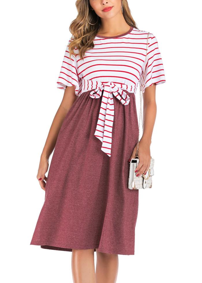 Women’s Summer Casual Striped Maternity Dress Short Sleeve Knee Length Pregnancy Dresses Clothes Pleated Baby Shower Dress