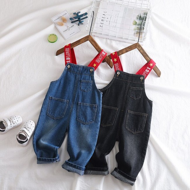 Girls Jumpsuit Fashion Korean Casual Letters Denim Overalls for Boys Newborn Baby Toddler Boys Suspenders Jeans Kids Pants