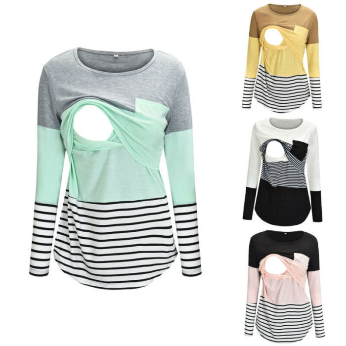 Ladies Women Pregnant Maternity Nursing Tops Mom Breastfeeding T-Shirt Long Sleeve Pacthwork Striped Casual Top Outfits