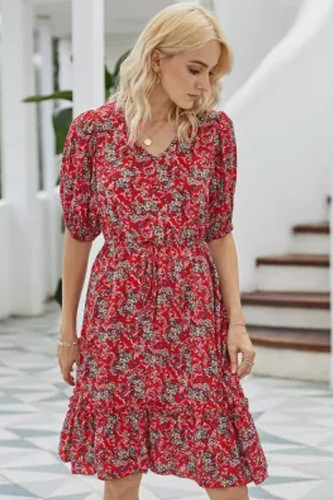 New Casual Summer Print Dress Women V-neck Half Sleeve High Waist Knee-length Dress