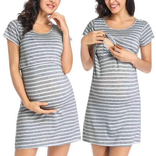 Maternity Nightwear Women Maternity Short Sleeve Stripe Nursing Baby Nightdress Breastfeeding Dress