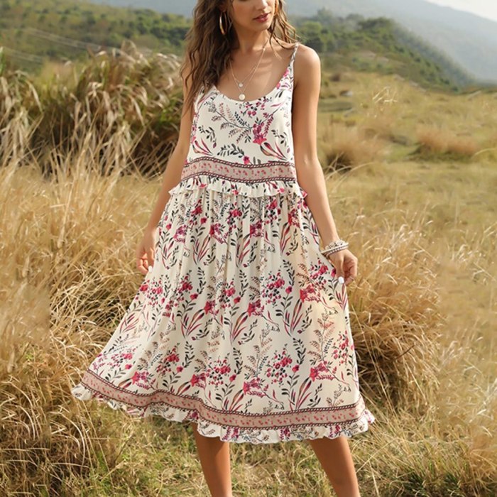 Spring Ladies Cotton Long Sexy Dress Women Sleeveless Summer Dress Floral Print Boho Dress