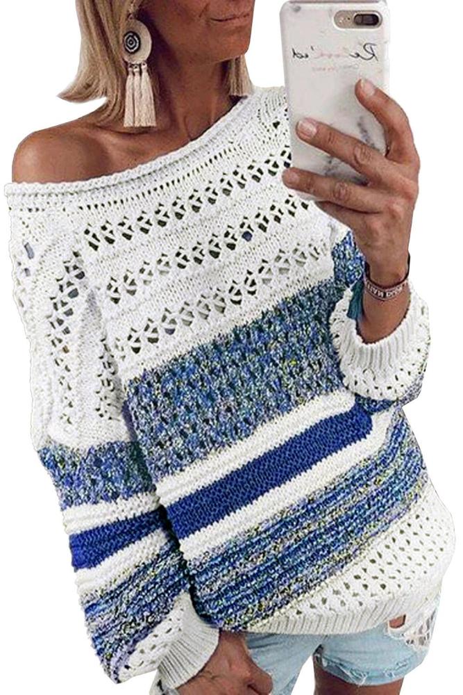 Blue/Purple/Brown Loose Openwork Round Neck Sweater Women Fashion Casual Colorful Striped Comfy Pullover