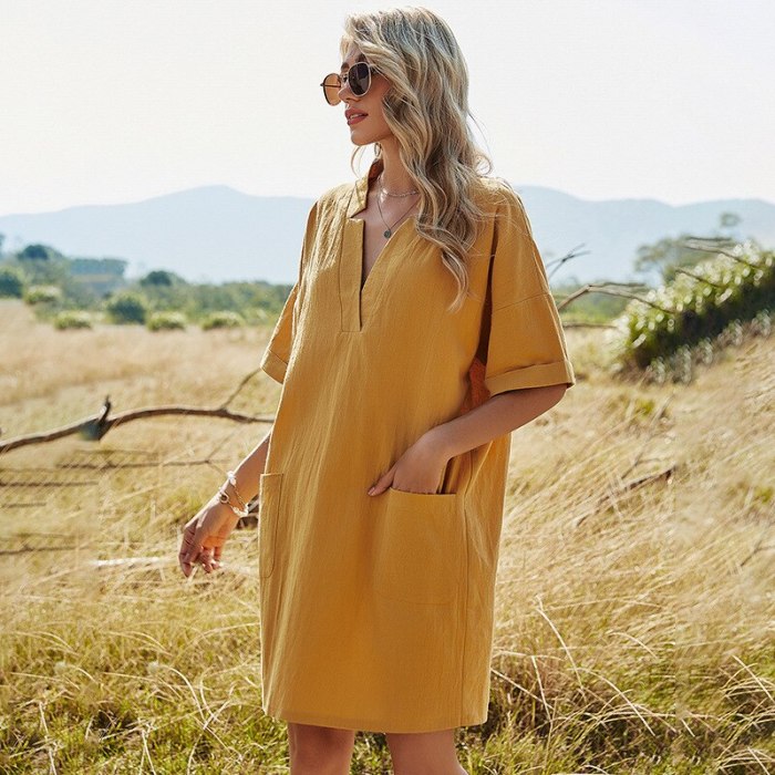 Spring New Solid Color Half Sleeve Short Dress Women Loose Pocket V Neck Elegant Dress For Women 2021 Summer Dress