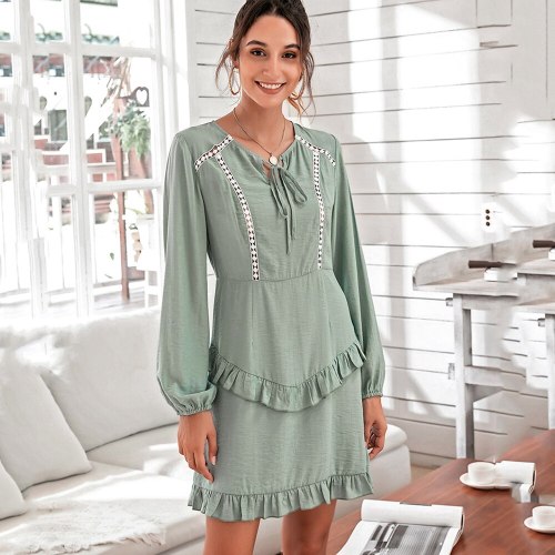 Hollow Out Ruffle Dress For Women Spring 2021 Lace Up Puff Sleeve O Neck Ladies Casual Elegant Solid Color Pullover Dresses