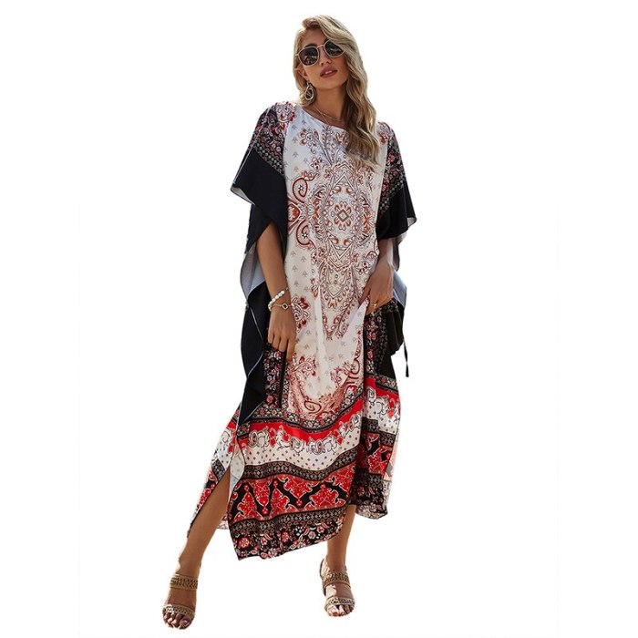 2021 Spring Summer Paisley Print Long Tunic Tops Beach  Bohemian Chiffon Dress
