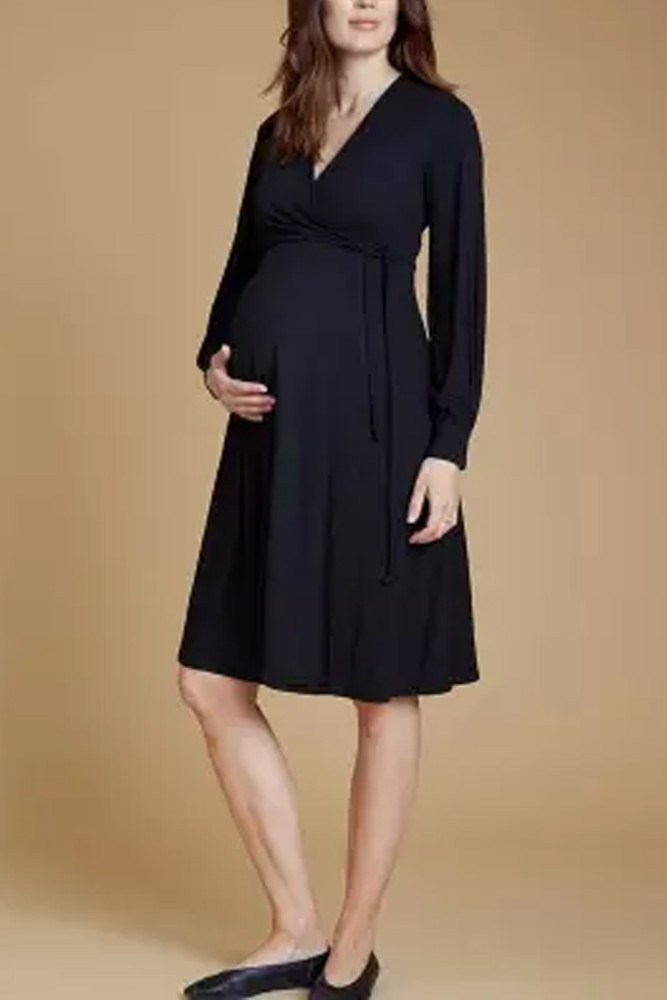 Maternity Cute V Neck Pure Colour Belted Dress