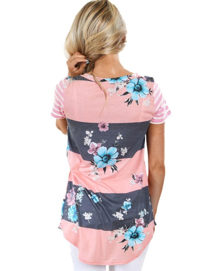 Women Floral Print Stripe O-neck Short Sleeve Roupas Femininas Irregular Hem T-Shirt Summer Casual Top