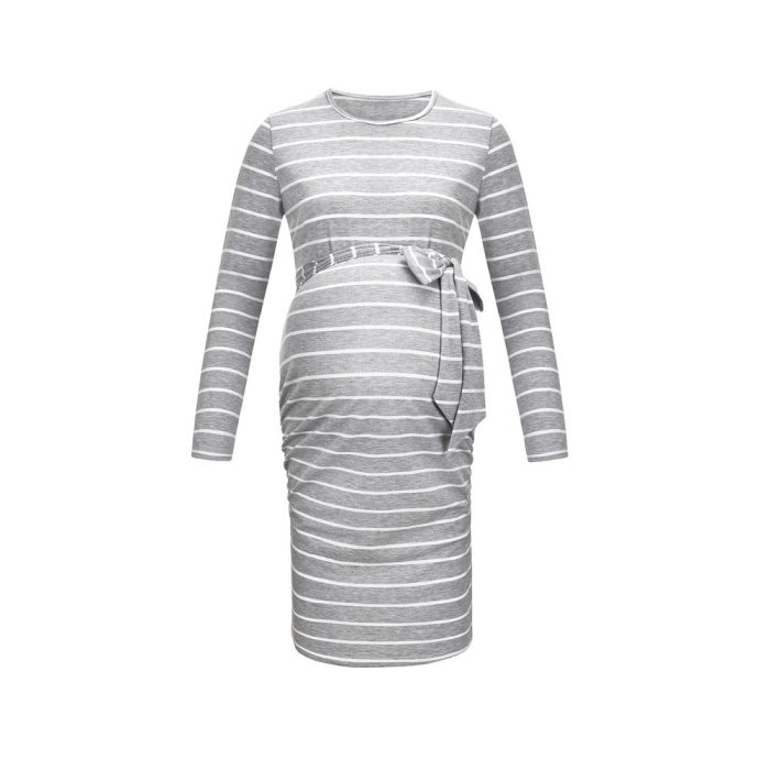 Maternity Tie-in Waist Dresses Striped Side Ruched Pregnant Casual Dress