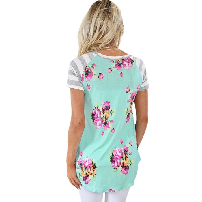 Women Floral Print Stripe O-neck Short Sleeve Roupas Femininas Irregular Hem T-Shirt Summer Casual Top