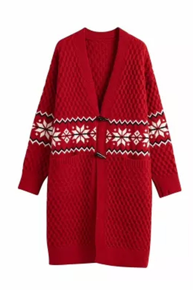 Women Winter Cardigans Long Sleeve Open Stitch Snowflake Knit Sweater