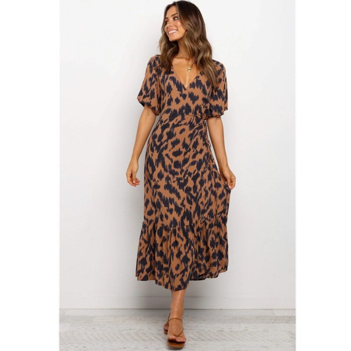 Women Summer Beach Boho Maxi Dress Ladies Vintage Leopard Puff Sleeve Ruffles Dress