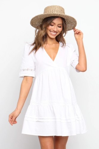 2021 spring summer women white sexy hollow out short sleeve solid elegant mini dress casual cute Dress