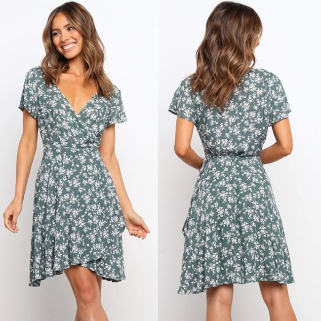 Summer Dress Women 2021 New Mid-Waist V-Neck Low-Cut Short-sleeved Printing Casual Dress