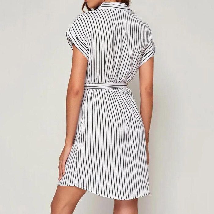 Women Sexy Stripe Mini Shirt Dress Long Sleeve Loose Top Shirt Dress Summer Dress