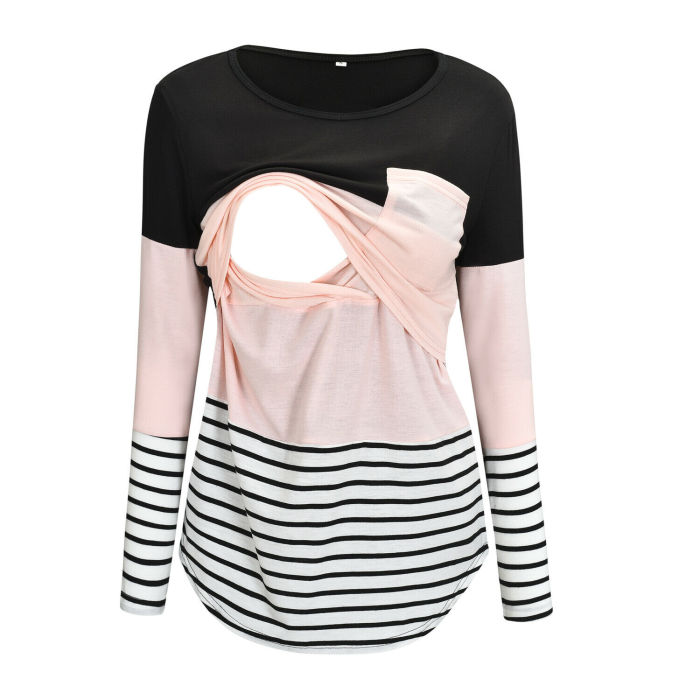 Casual Striped Women Long Sleeve Maternity Tops Breastfeeding Tops Ladies T-Shirt Loose Pregnancy Loose Clothes T Shirt