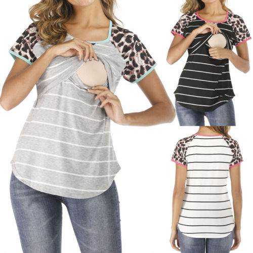 Summer Women Top Maternity Clothes Breastfeeding Shirt For Pregnant Women Leopard Striped Patchwork Nursing Top