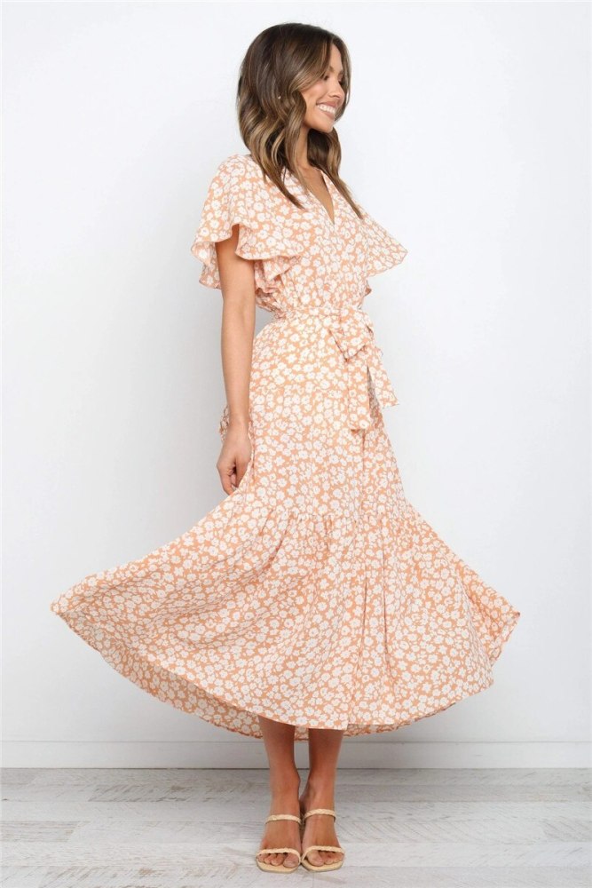 Maxi Dresses for Women Summer Korean Goth Butterfly Sleeve Cascading Ruffle V Neck Dresses