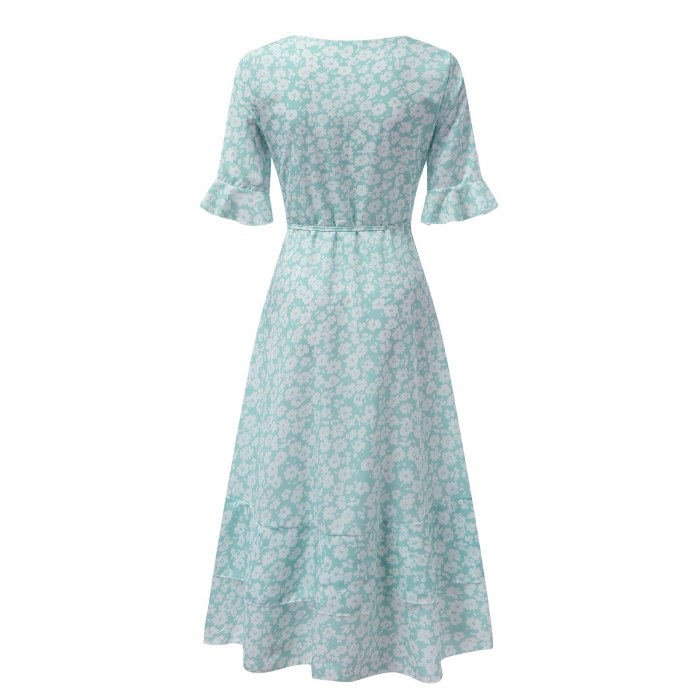 Woman Dress Floral Print Ruffled Irregular Stitching Short-Sleeved Tight Skirt Green Tassel Dress