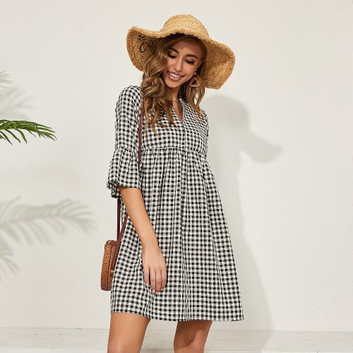 Black Casual Loose Plaid Dress for Women O Neck Half Sleeve Mini Spring Holiday Cotton Dress