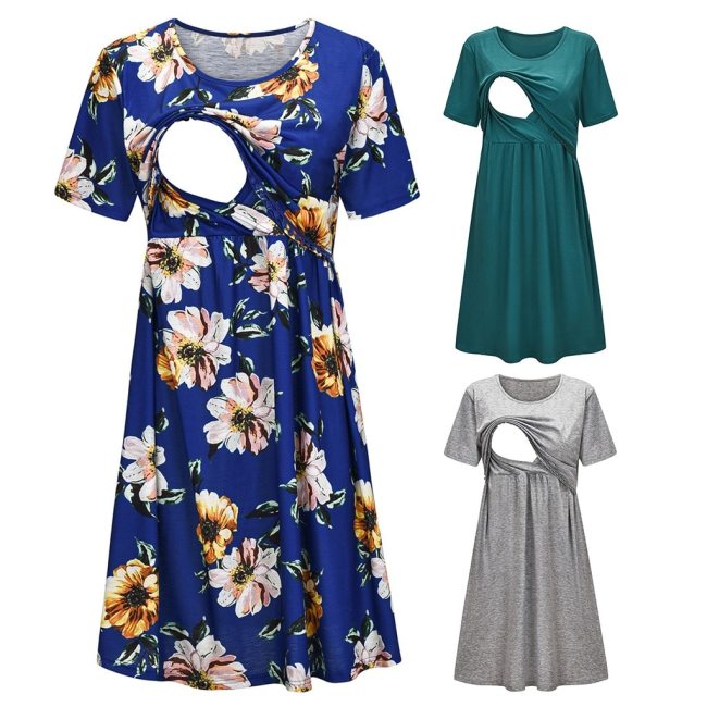 Maternity Dresses Women Short Sleeve Floral Print Nursing Dress For Breastfeeding Pregnancy Dress