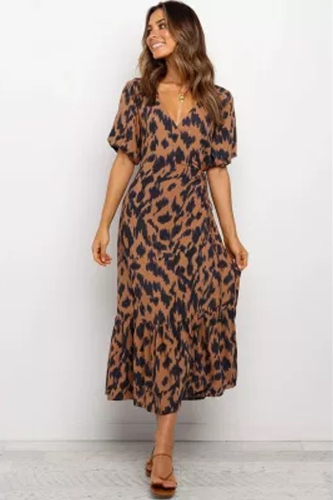Women Summer Beach Boho Maxi Dress Ladies Vintage Leopard Puff Sleeve Ruffles Dress