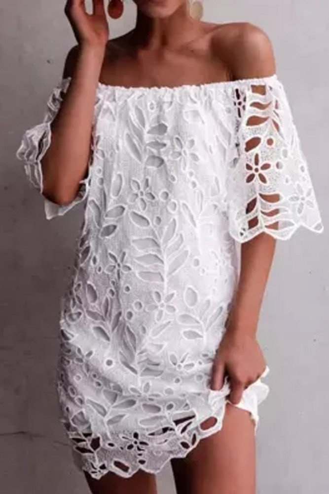 Women Off Shoulder Short Sleeve Party White Sundress Sexy Boat Neck Hollow Out Maternity Dress